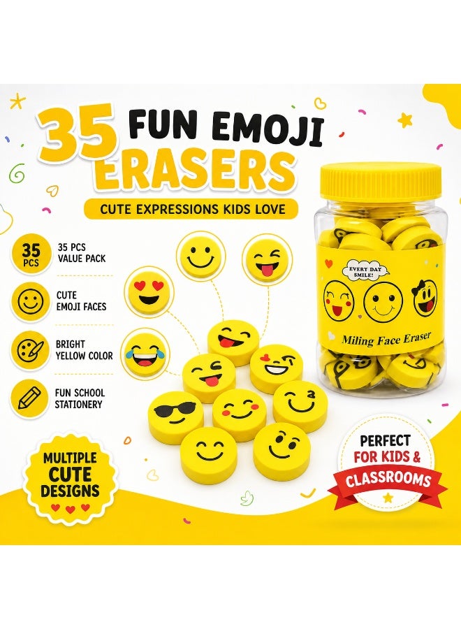 مجموعة ممحاة "الوجه المبتسم" (Smiley Face) للأطفال مكونة من 35 قطعة - ممحاة أقلام بتصاميم "إيموجي" لطيفة ومناسبة للمستلزمات المدرسية - ممحاة مطاطية مرحة برسومات كرتونية للكتابة والرسم وأنشطة الفصل الدراسي - هدايا مبتكرة للحفلات والمكافآت - مستلزمات قرطاسية في عبوة تخزين (متعددة الألوان) - Image 2