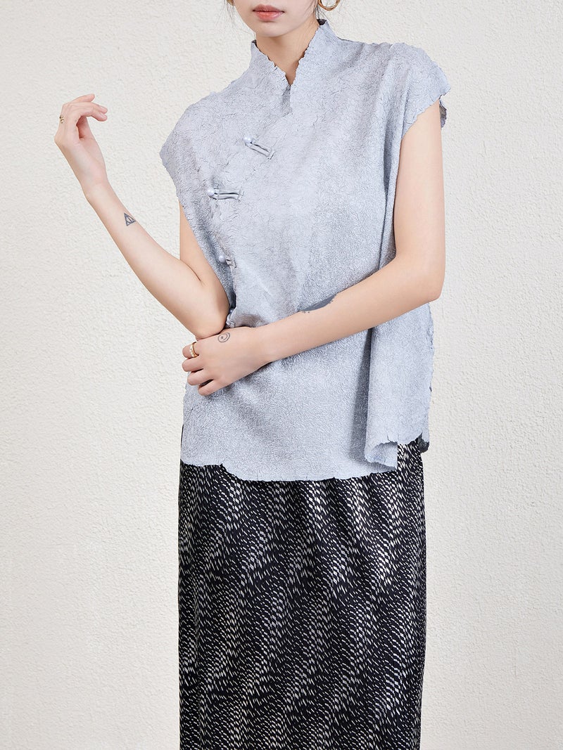 Vintage Chinese Style Modified Cheongsam Top 2024 Summer Thin High-End All-Match Pleated Short-Sleeved Button-Down Shirt - Image 2