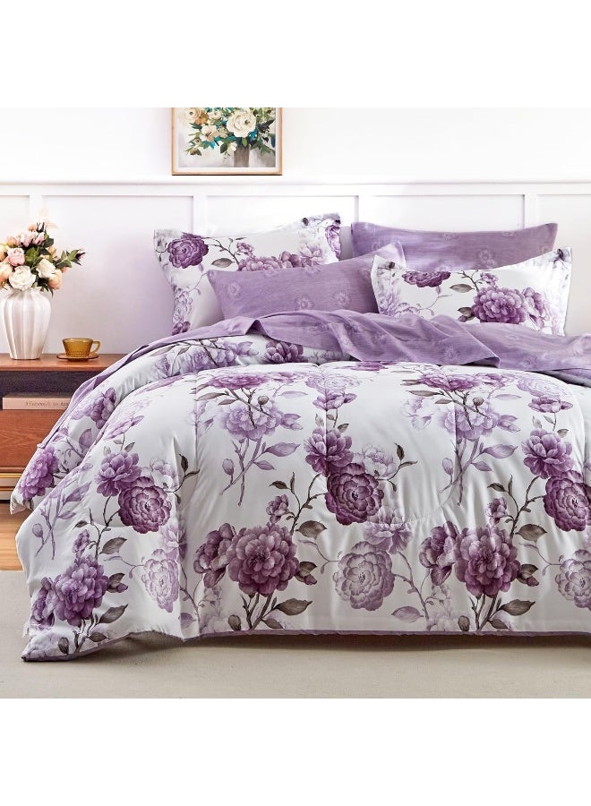 AIKASY 6-Piece Twin Size Bed in a Bag Comforter Set - Thistle Purple Floral Ensemble with Reversible Botanical Flowers Comforter, Sheets, Pillowcases & Shams - Image 1