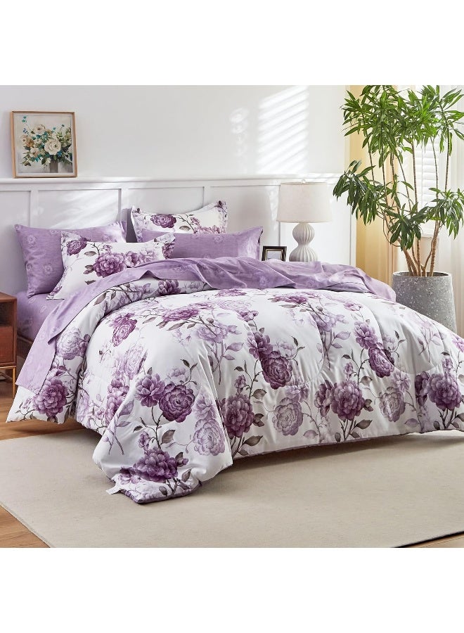 AIKASY 6-Piece Twin Size Bed in a Bag Comforter Set - Thistle Purple Floral Ensemble with Reversible Botanical Flowers Comforter, Sheets, Pillowcases & Shams - Image 2