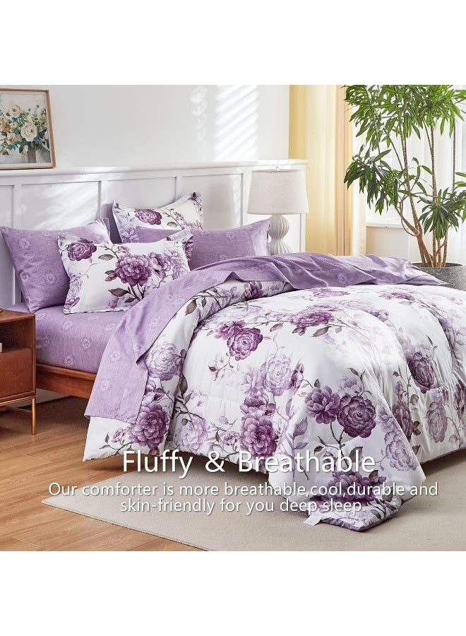AIKASY 6-Piece Twin Size Bed in a Bag Comforter Set - Thistle Purple Floral Ensemble with Reversible Botanical Flowers Comforter, Sheets, Pillowcases & Shams - Image 4