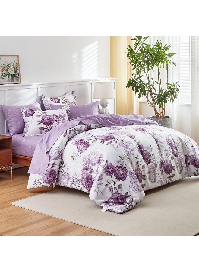 AIKASY 6-Piece Twin Size Bed in a Bag Comforter Set - Thistle Purple Floral Ensemble with Reversible Botanical Flowers Comforter, Sheets, Pillowcases & Shams - Image 3