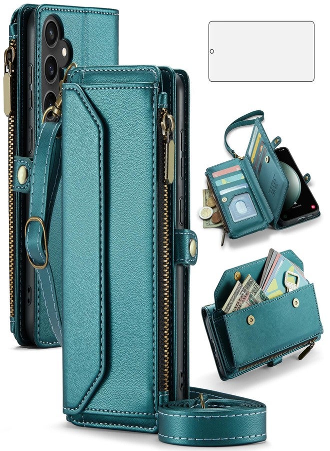 أسو ويش جراب هاتف Asuwish لهاتف سامسونج جالاكسي S23 FE 5G، غطاء محفظة بسحاب مع واقي شاشة من الزجاج المقوى وغطاء جلدي قابل للطي، مزود بخاصية حجب RFID وحامل بطاقات ائتمان ونقود، مناسب للنساء والفتيات، لون أخضر - Image 1