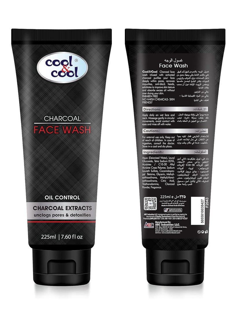Cool & Cool Charcoal Men's Face Wash 225ML - Oil Control with Charcoal Extracts, Unclogs Pores & Detoxifies - Image 2