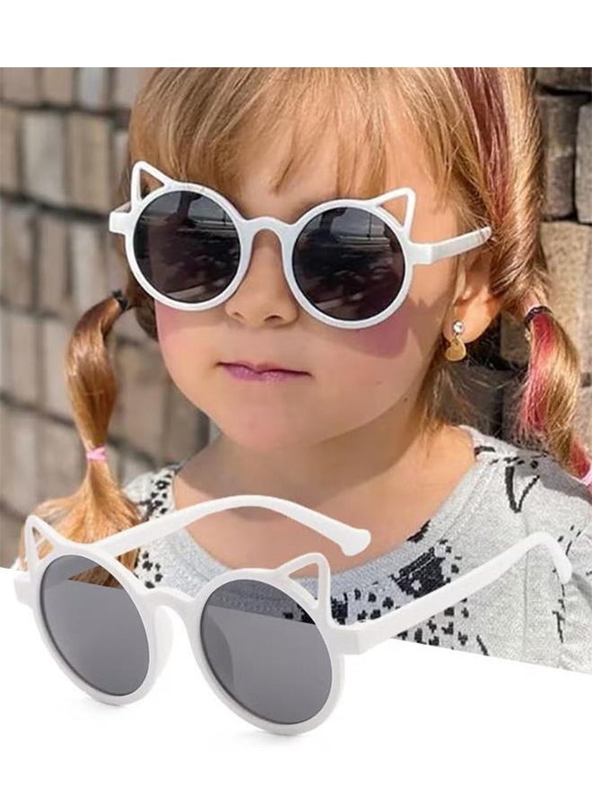 Generic Round Sunglasses for Kids, UV400 Protection Cute Beach Holiday Sun Glasses with Cat Ear Decoration and PC Frame for Girls Boys and Children Age 3-12, White  - Image 1