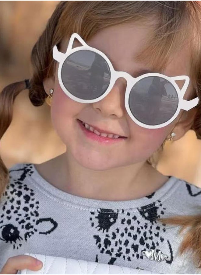 Generic Round Sunglasses for Kids, UV400 Protection Cute Beach Holiday Sun Glasses with Cat Ear Decoration and PC Frame for Girls Boys and Children Age 3-12, White  - Image 2