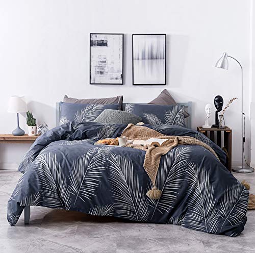 SUSYBAO Blue Tropical Duvet Cover King 100% Cotton 3 Pcs Set 1 Hawaiian Botanical Duvet Cover with Zipper Ties 2 Pillowcases Modern Coastal Navy Blue Palm Leaves Pattern Bedding Set Soft - Image 1