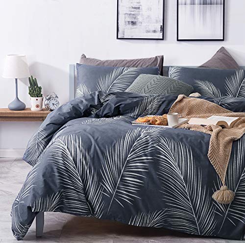 SUSYBAO Blue Tropical Duvet Cover King 100% Cotton 3 Pcs Set 1 Hawaiian Botanical Duvet Cover with Zipper Ties 2 Pillowcases Modern Coastal Navy Blue Palm Leaves Pattern Bedding Set Soft - Image 2