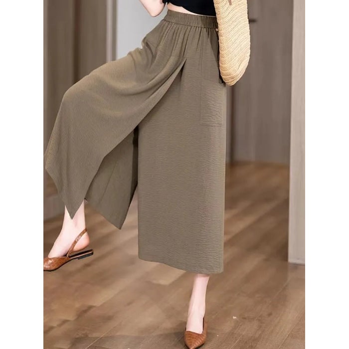 Summer Thin Loose High Waist Slit Lazy Style Casual Culottes Thigh Thick and Slim Eight-point Wide-leg Pants for Women Mocha - Image 1