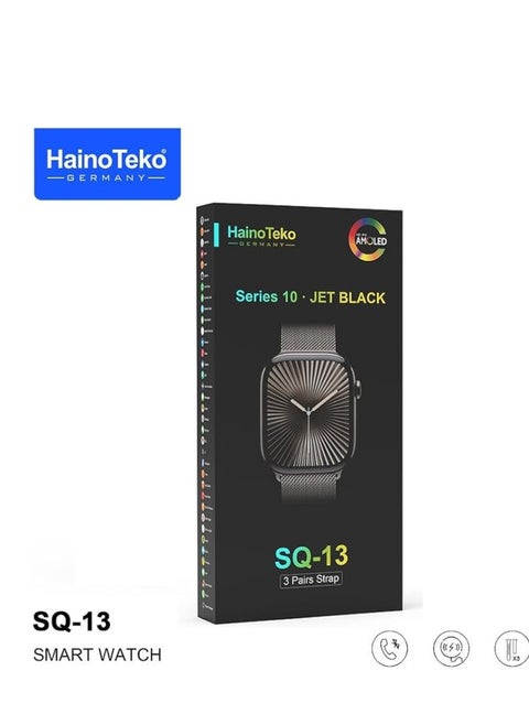 HainoTeko SQ-13 Jet Black Smart Watch With Large Screen AMOLED Display AI Voice Assistance 3 Pair Straps and Charging Cable Designed for Ladies and Gents