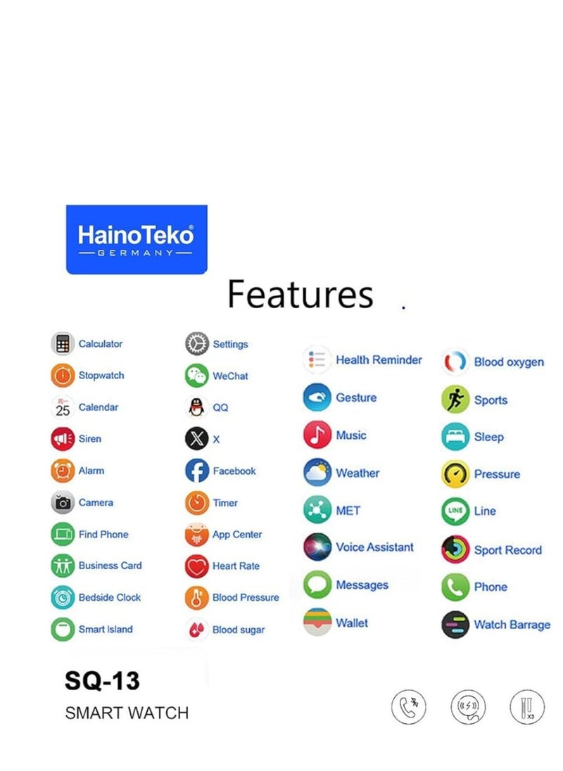 Haino Teko - HainoTeko SQ-13 Jet Black Smart Watch With Large Screen AMOLED Display AI Voice Assistance 3 Pair Straps and Charging Cable Designed for Ladies and Gents - Image 1