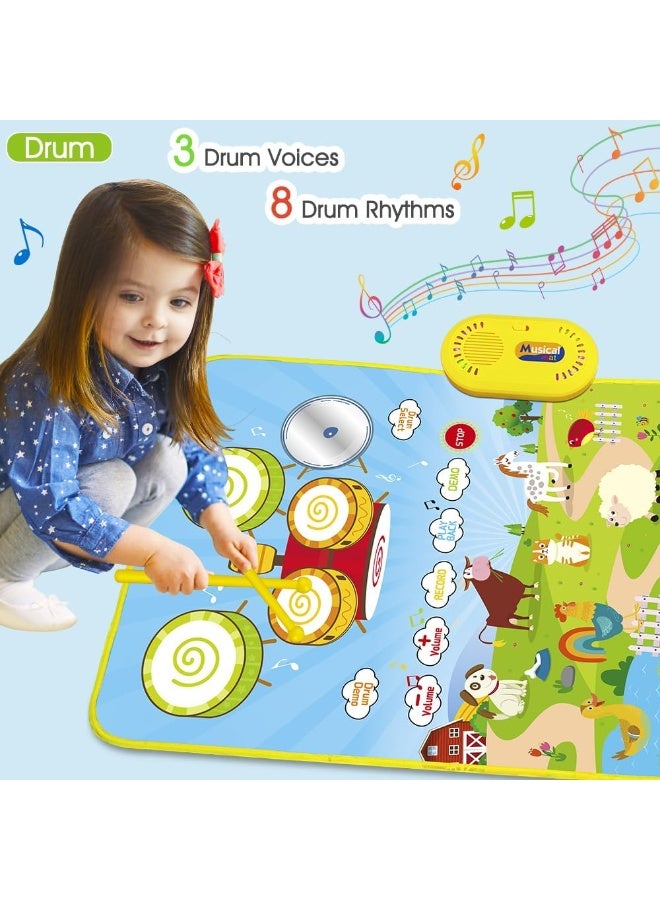 3 in 1 Musical Mat for Toddlers, Baby Toys Piano Keyboard Drum Set with 2 Sticks for Boys Girls Gift, Animal Sound Touch Play Blanket Early Education Learning Toys for 1 2 3 4 5 6 Years Kids - Image 4