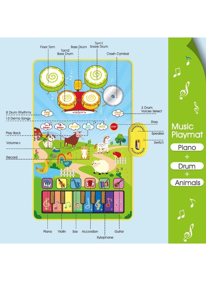 3 in 1 Musical Mat for Toddlers, Baby Toys Piano Keyboard Drum Set with 2 Sticks for Boys Girls Gift, Animal Sound Touch Play Blanket Early Education Learning Toys for 1 2 3 4 5 6 Years Kids - Image 2
