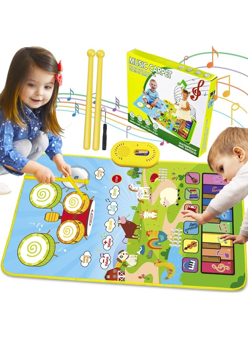 3 in 1 Musical Mat for Toddlers, Baby Toys Piano Keyboard Drum Set with 2 Sticks for Boys Girls Gift, Animal Sound Touch Play Blanket Early Education Learning Toys for 1 2 3 4 5 6 Years Kids - Image 1