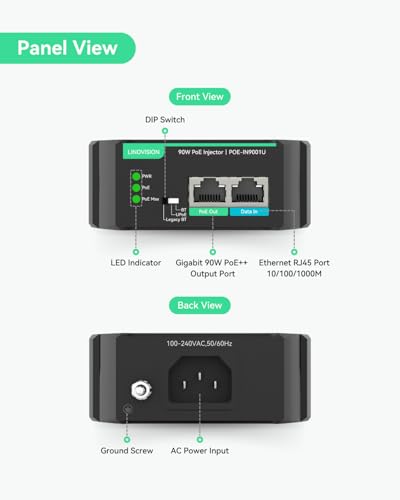 LINOVISION Gigabit 90W 802.3bt PoE Injector, Compatible with Standard and Legacy Non-Standard PD Device, PoE++ Injector for High Power Consumption PTZ Camera, VoIP Phone - Image 2