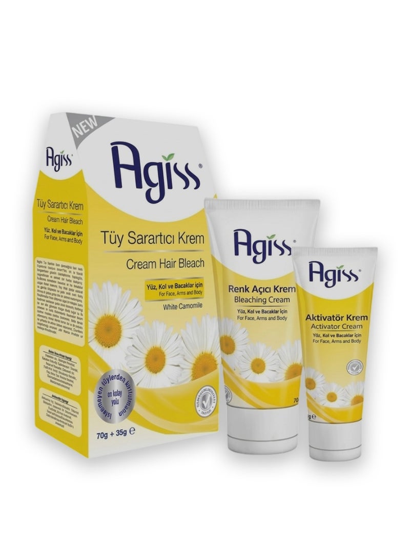 Agiss Hair Bleaching Cream Kit for Arms and Legs - Fast 7-Minute Lightening Formula with White Camomile - Includes Bleaching & Activator Cream, Mixing Tray & Spatula - Gentle & Effective - 70g + 35g - Image 1