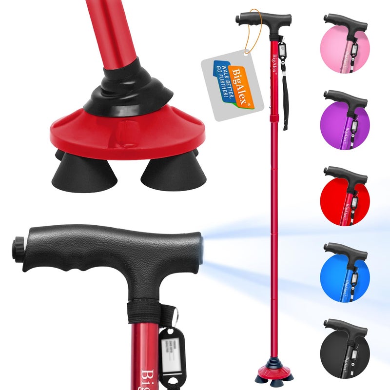 BigAlex Folding Walking Cane with LED LightPivoting Quad BaseAdjustable Walking Stick with Carrying Bag for ManWoman Alloy Base