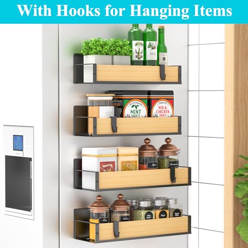 HuggieGems 4 Pack Magnetic Spice Storage Rack Organizer for Refrigerator and Oven, Wood Fridge Organizers and Storage - Image 2