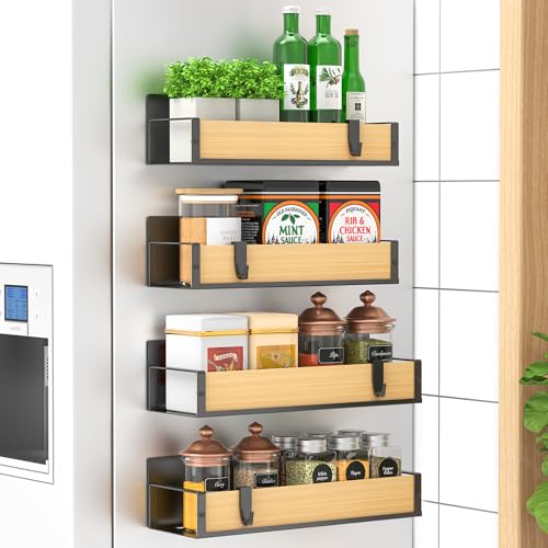 HuggieGems 4 Pack Magnetic Spice Storage Rack Organizer for Refrigerator and Oven, Wood Fridge Organizers and Storage - Image 1