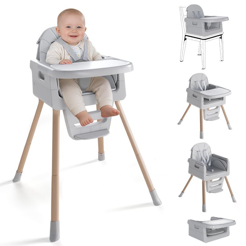 EverKiddo Baby High Chair for 6 Months+, Foldable High Chairs for Babies and Toddlers, Convertible Toddler Chair, Adjustable Tray & Footrest, Lightweight, Stable & Easy to Clean(Grey with Wood Grain) - Image 1