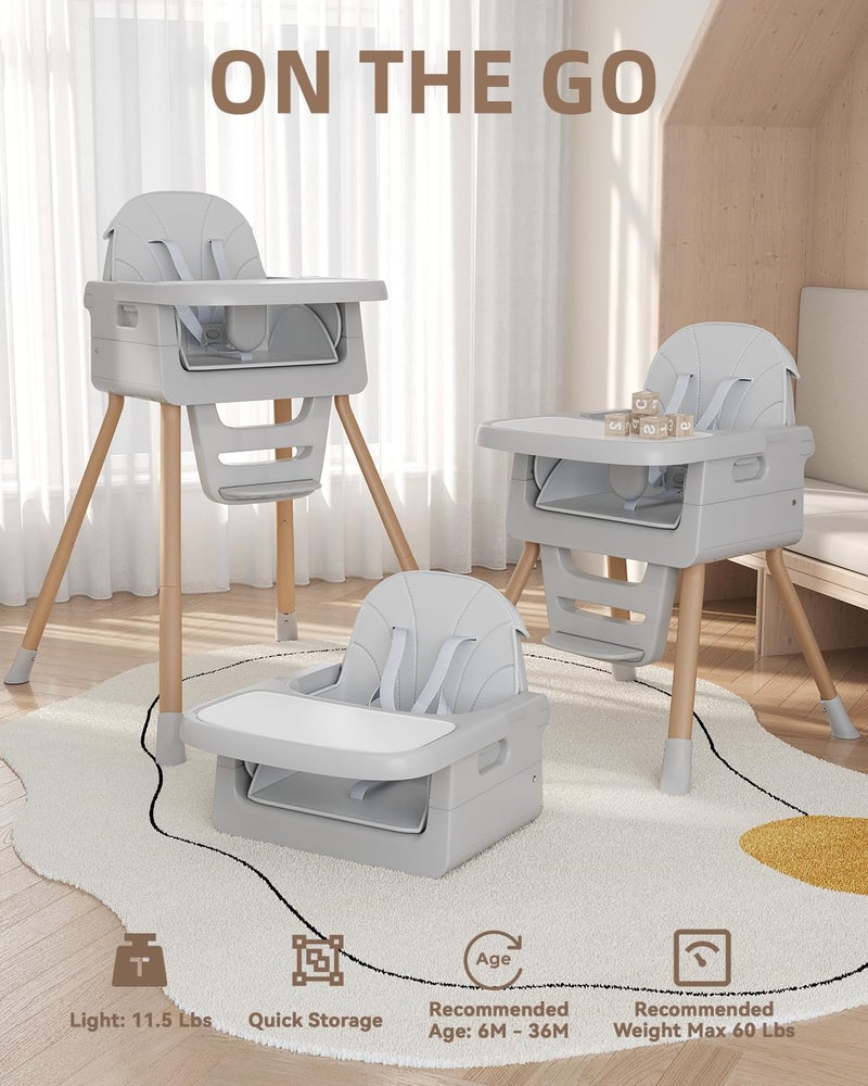 EverKiddo Baby High Chair for 6 Months+, Foldable High Chairs for Babies and Toddlers, Convertible Toddler Chair, Adjustable Tray & Footrest, Lightweight, Stable & Easy to Clean(Grey with Wood Grain) - Image 2