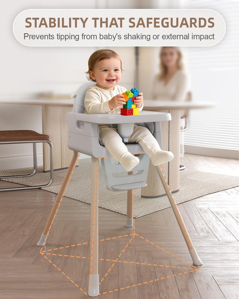 EverKiddo Baby High Chair for 6 Months+, Foldable High Chairs for Babies and Toddlers, Convertible Toddler Chair, Adjustable Tray & Footrest, Lightweight, Stable & Easy to Clean(Grey with Wood Grain) - Image 5