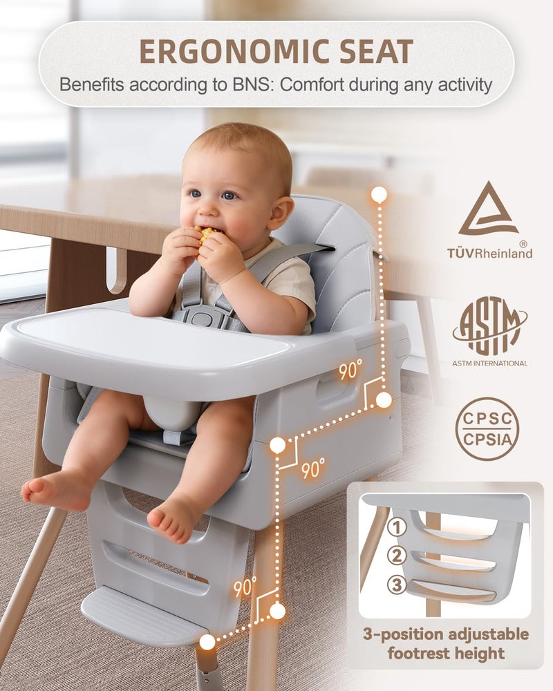 EverKiddo Baby High Chair for 6 Months+, Foldable High Chairs for Babies and Toddlers, Convertible Toddler Chair, Adjustable Tray & Footrest, Lightweight, Stable & Easy to Clean(Grey with Wood Grain) - Image 3