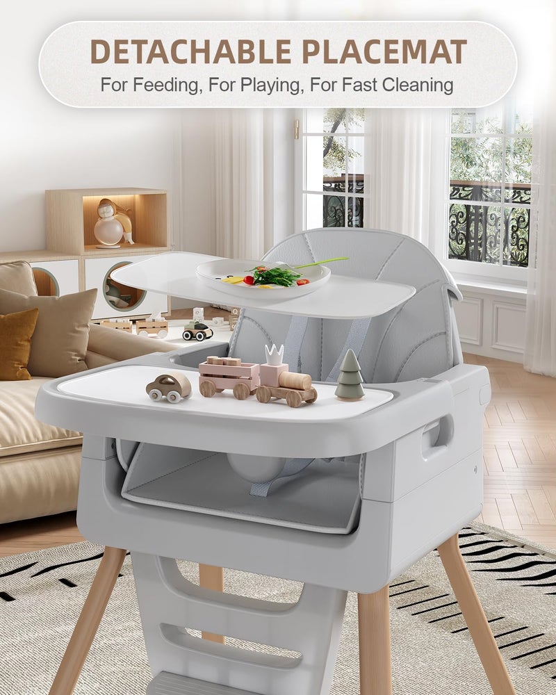 EverKiddo Baby High Chair for 6 Months+, Foldable High Chairs for Babies and Toddlers, Convertible Toddler Chair, Adjustable Tray & Footrest, Lightweight, Stable & Easy to Clean(Grey with Wood Grain) - Image 4