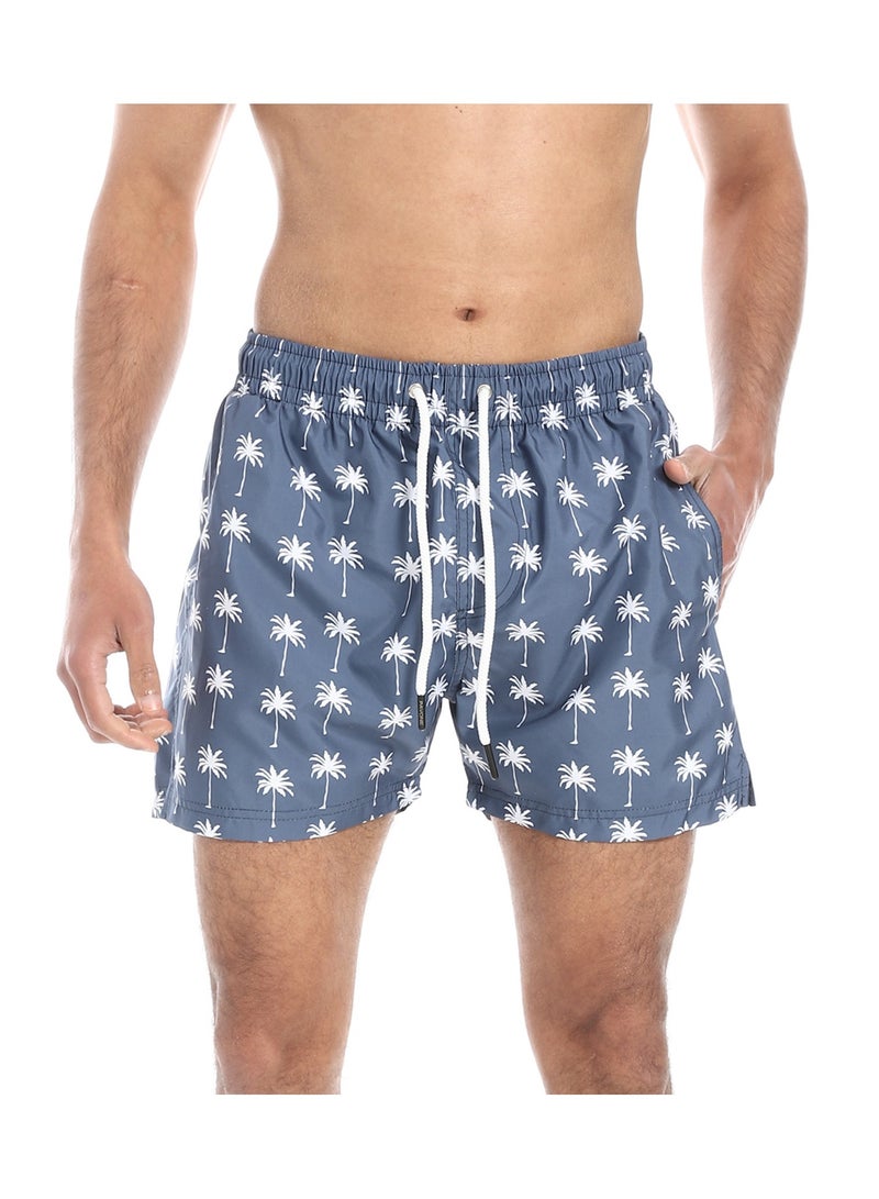 Pavone Elastic Waist Slash Pockets Swim Shorts - Dark Greyish Blue & White - Image 1