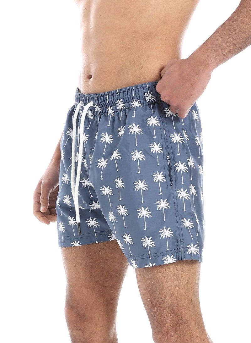 Pavone Elastic Waist Slash Pockets Swim Shorts - Dark Greyish Blue & White - Image 2