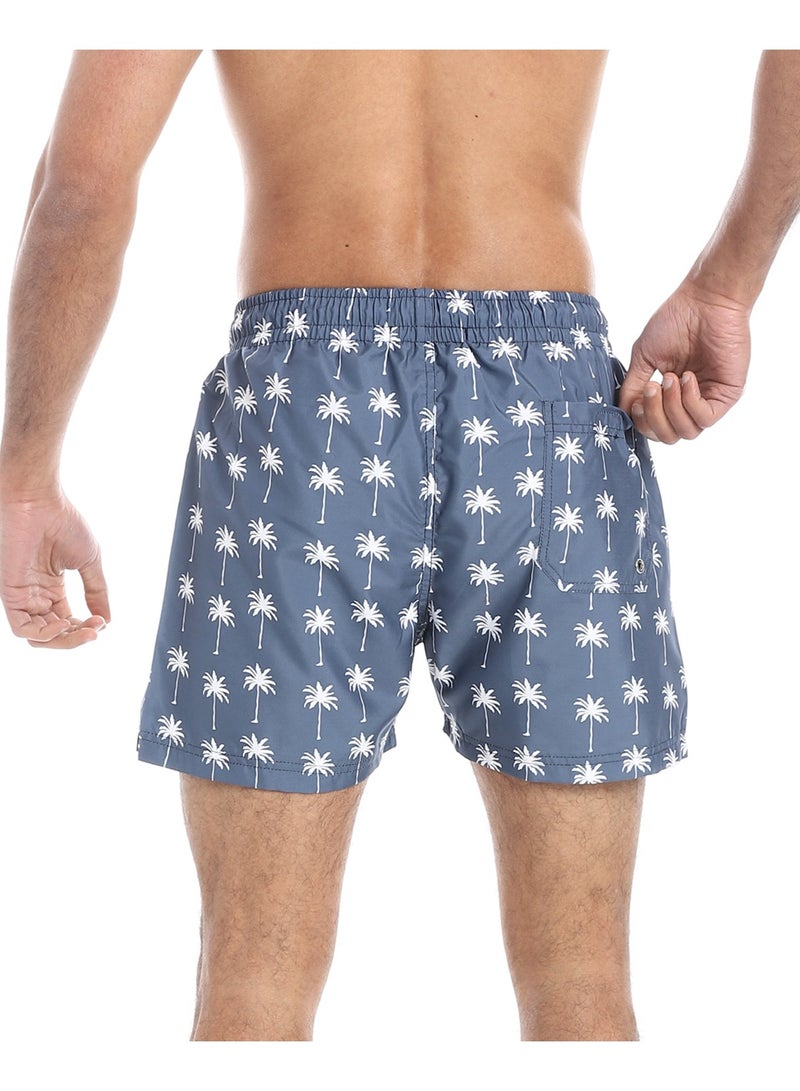 Pavone Elastic Waist Slash Pockets Swim Shorts - Dark Greyish Blue & White - Image 3