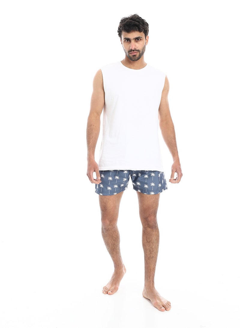 Pavone Elastic Waist Slash Pockets Swim Shorts - Dark Greyish Blue & White - Image 5