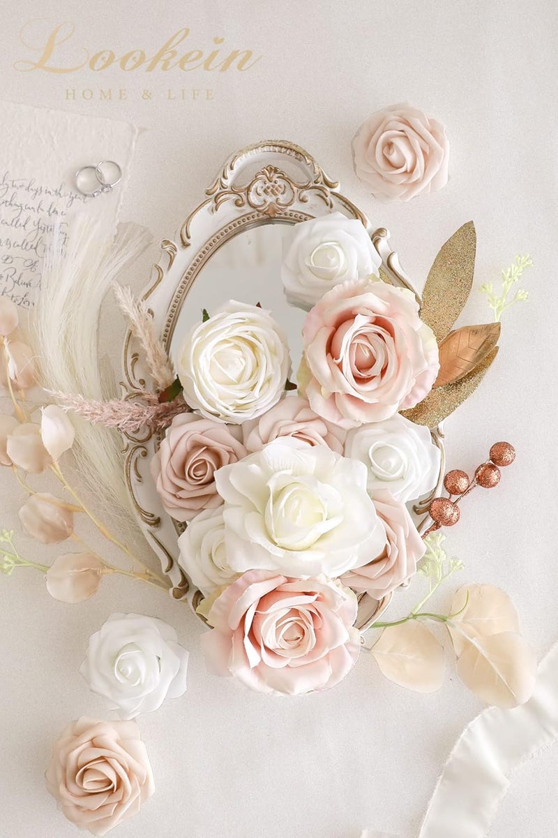 Lookein Artificial Flowers for DIY Wedding Decoration Bridal Bouquet Table Centerpieces Flower Garland Wreaths Aisle Arch Flower Decoration Home Decor, Chic Beige - Image 2