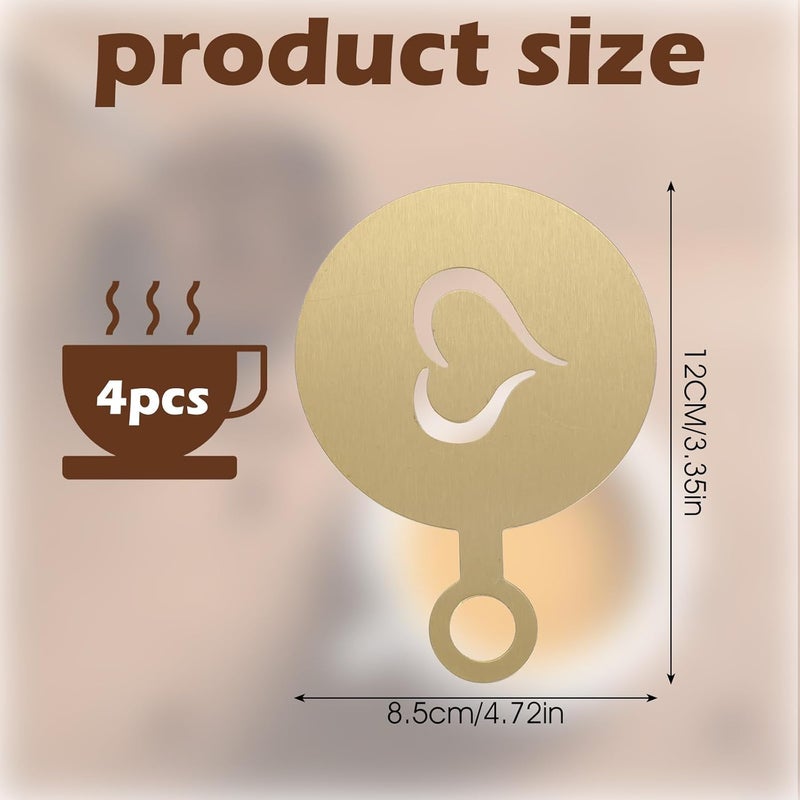guduling 4 Pcs Stainless Coffee Stencils Latte Art,Latte Art Stencils,Lattes Stencilss with Various Patterns for Cappuccino Chocolate Lattes Cake Decorating Coffee Shop and Home Use,Gold - Image 2