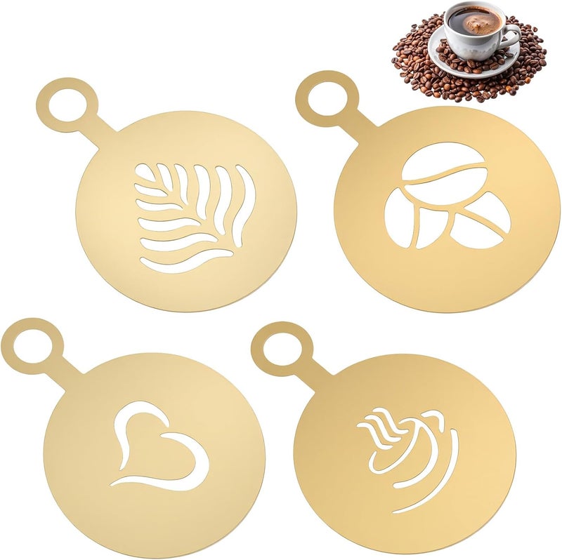 guduling 4 Pcs Stainless Coffee Stencils Latte Art,Latte Art Stencils,Lattes Stencilss with Various Patterns for Cappuccino Chocolate Lattes Cake Decorating Coffee Shop and Home Use,Gold - Image 1