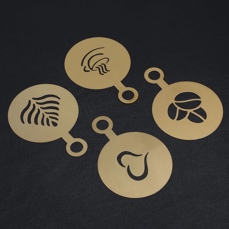 guduling 4 Pcs Stainless Coffee Stencils Latte Art,Latte Art Stencils,Lattes Stencilss with Various Patterns for Cappuccino Chocolate Lattes Cake Decorating Coffee Shop and Home Use,Gold - Image 3