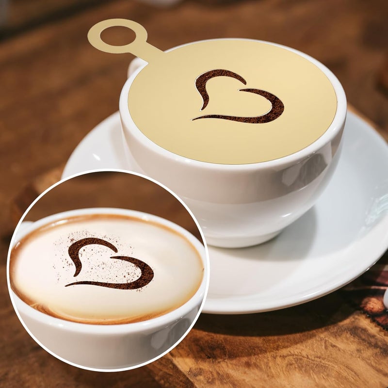 guduling 4 Pcs Stainless Coffee Stencils Latte Art,Latte Art Stencils,Lattes Stencilss with Various Patterns for Cappuccino Chocolate Lattes Cake Decorating Coffee Shop and Home Use,Gold - Image 4