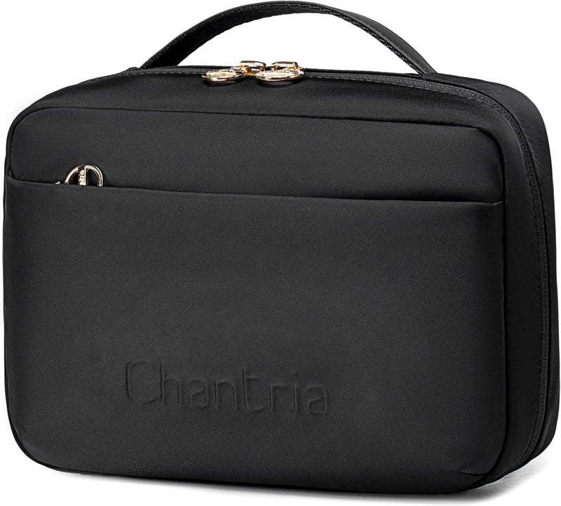 شانتريا حقيبة تجميلية خفيفة من Chantria Premium للنساء، مقاومة للماء، متعددة الوظائف، تحتوي على عدة جيوب وفتحة قابلة للتحريك بزاوية 180 درجة، CB00793 (لون أسود) - Image 1