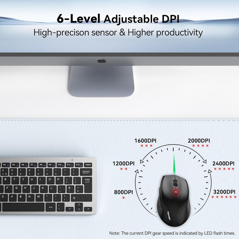 TECKNET Wireless Mouse, 2.4G USB Computer Mouse with 6-Level Adjustable 4800 DPI, 30 Months Battery, Ergonomic Grips, 6 Buttons Portable for PC, Chromebook, Mac (Black) - Image 2