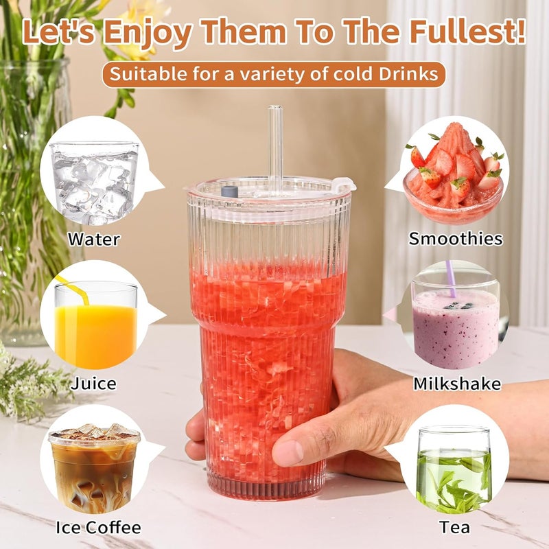 AUFXKOO 20oz Ribbed Glass Cups with Lids and Straws,1PCS Glass Tumbler with Straw and Lid,Iced Coffee Cups Drinking Glasses for Juice Whiskey Cocktail Beer - Image 3