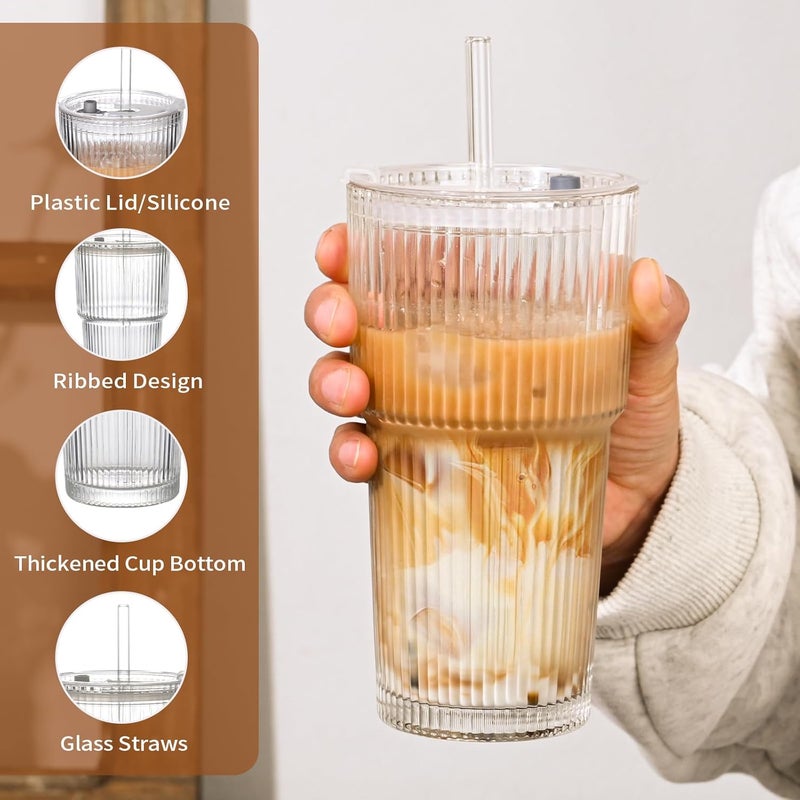 AUFXKOO 20oz Ribbed Glass Cups with Lids and Straws,1PCS Glass Tumbler with Straw and Lid,Iced Coffee Cups Drinking Glasses for Juice Whiskey Cocktail Beer - Image 5