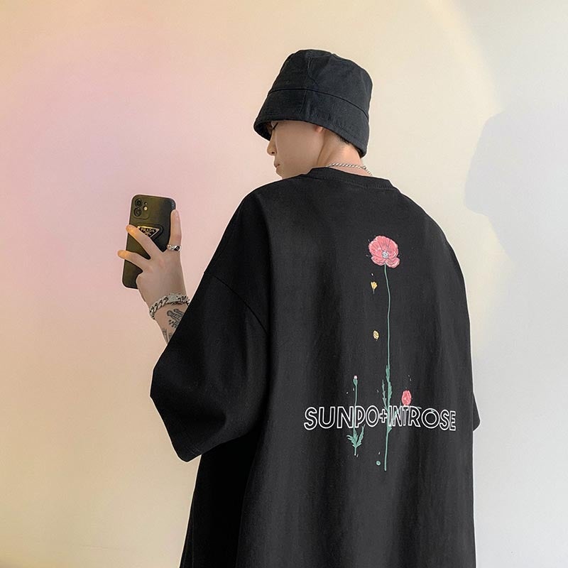 Meichao Graffiti T-Shirt Men'S Summer Hiphop Niche Design Sense Rose Flower Half Sleeve Chic Heavy Cotton Short Sleeve - Image 5