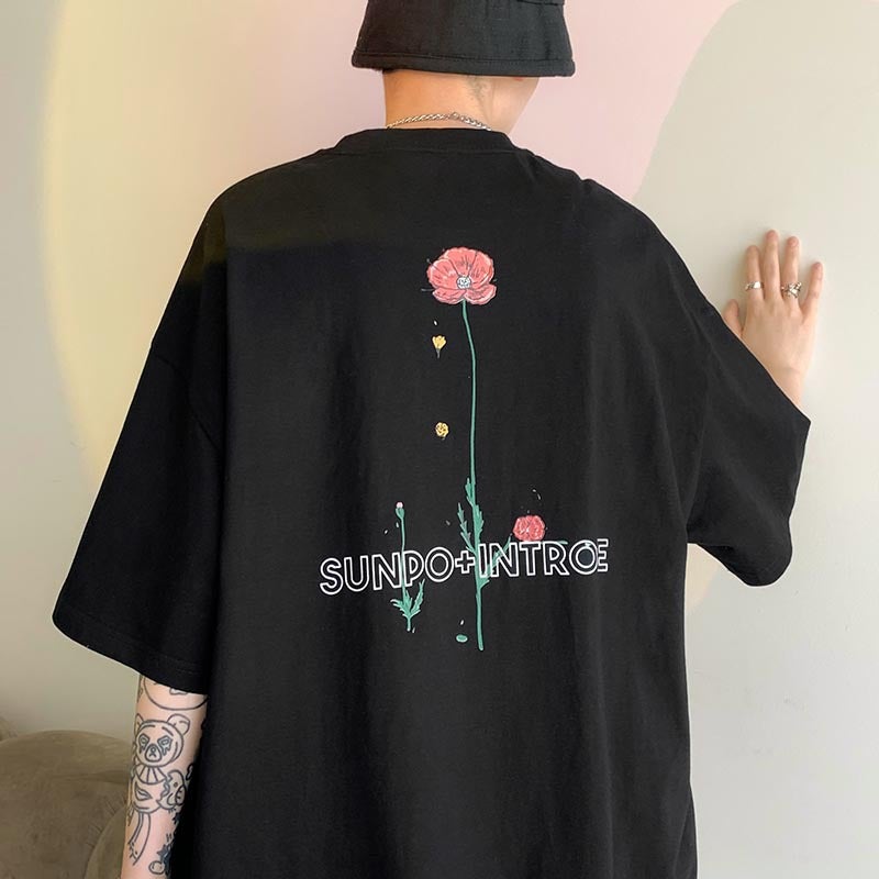 Meichao Graffiti T-Shirt Men'S Summer Hiphop Niche Design Sense Rose Flower Half Sleeve Chic Heavy Cotton Short Sleeve - Image 3
