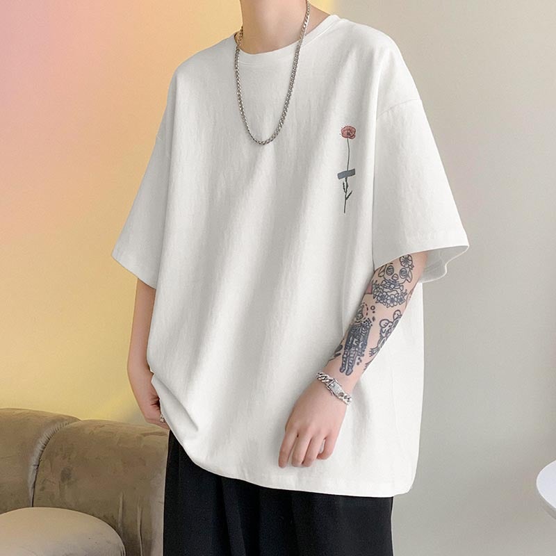 Meichao Graffiti T-Shirt Men'S Summer Hiphop Niche Design Sense Rose Flower Half Sleeve Chic Heavy Cotton Short Sleeve - Image 4
