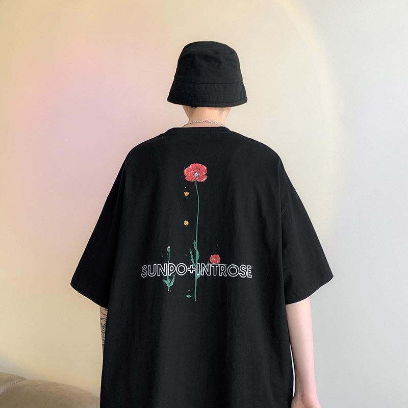Meichao Graffiti T-Shirt Men'S Summer Hiphop Niche Design Sense Rose Flower Half Sleeve Chic Heavy Cotton Short Sleeve - Image 1
