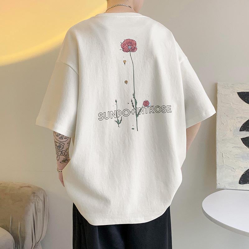 Meichao Graffiti T-Shirt Men'S Summer Hiphop Niche Design Sense Rose Flower Half Sleeve Chic Heavy Cotton Short Sleeve - Image 2