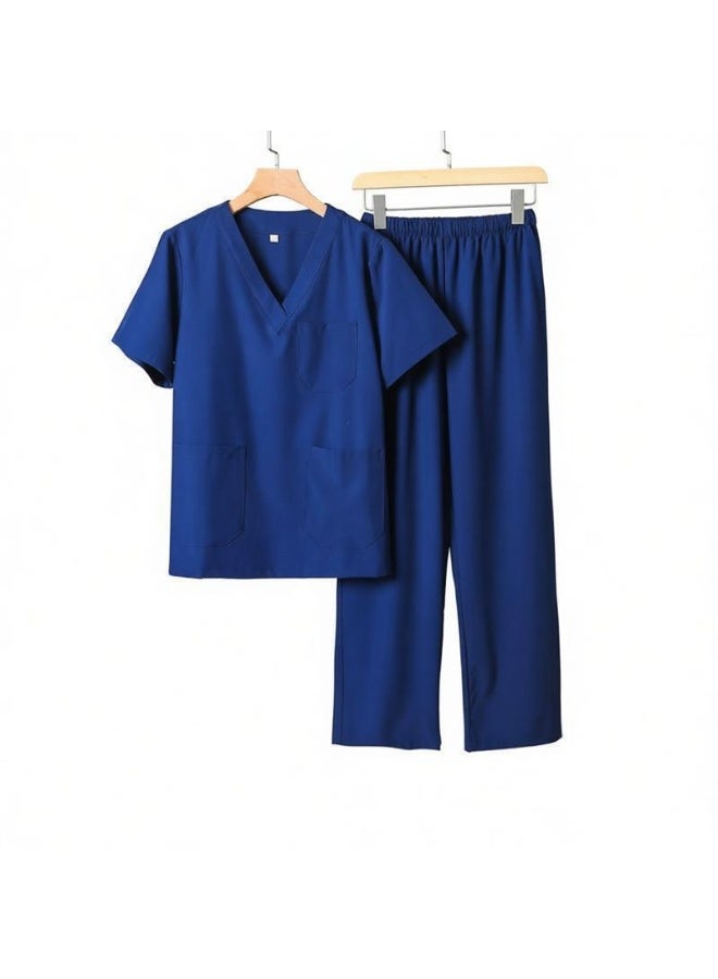 Mens V-Neck Scrubs Set Short Sleeves Top & Pants Soft Fabric Medical Nursing Uniform Navy Blue