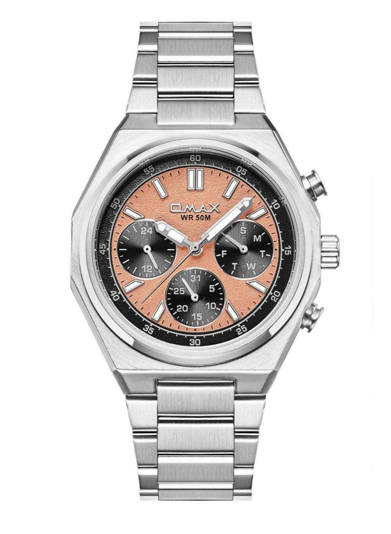 Omax Men's Chronograph Wrist Watch with Silver-Tone Stainless Steel Bracelet and Peach Dial - Image 1