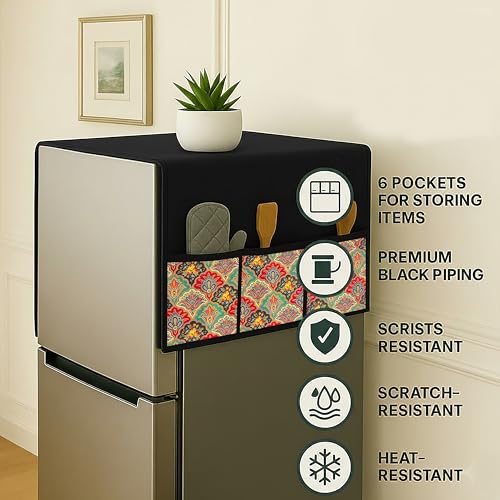Fancy Walas Refrigerator Single Door Waterproof, Dustproof, Refrigerator Top Cover, Protective Cover for Fridges with Extra Storage Space Nylon Top cover with 6 Storage Pockets ( Flower, 130 x 54 cm ) - Image 4