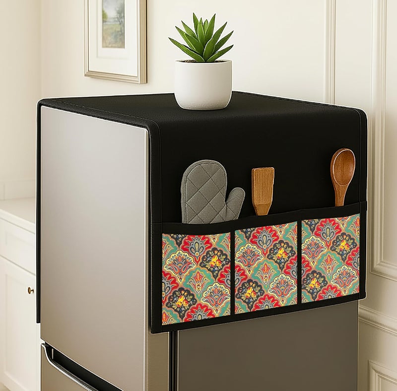 Fancy Walas Refrigerator Single Door Waterproof, Dustproof, Refrigerator Top Cover, Protective Cover for Fridges with Extra Storage Space Nylon Top cover with 6 Storage Pockets ( Flower, 130 x 54 cm ) - Image 1